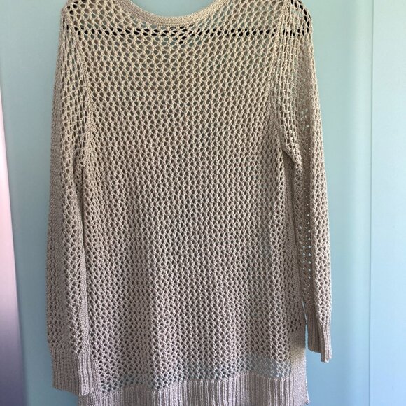 CHICO'S Black Label Sweater Sz 2 Gold Open Mesh Knit Tunic Length Long Sleeve - Picture 8 of 9